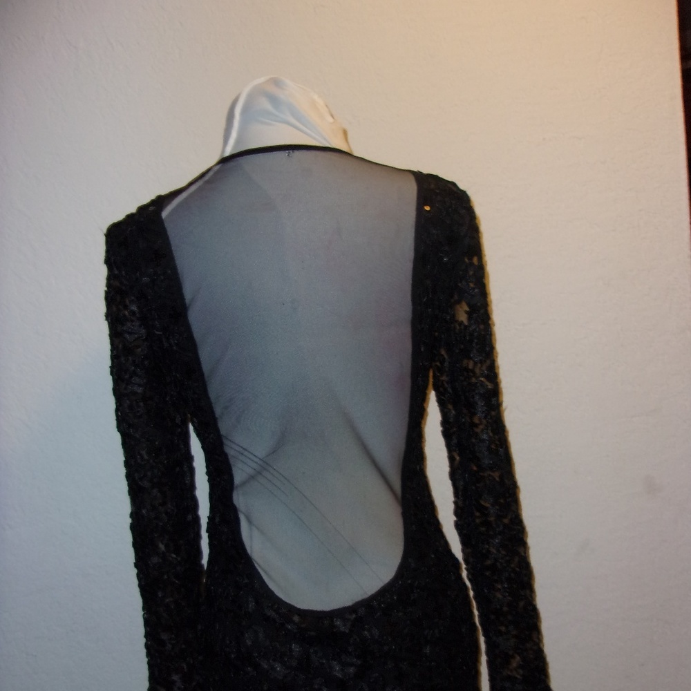 BLACK LACE SEQUIN MINI SPANDEX LONG SLEEVE DRESS S - Picture 6 of 6